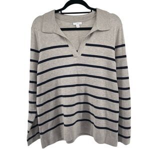 J.Jill Women’s Grey Navy Striped Collared V-Neck Sweater Medium